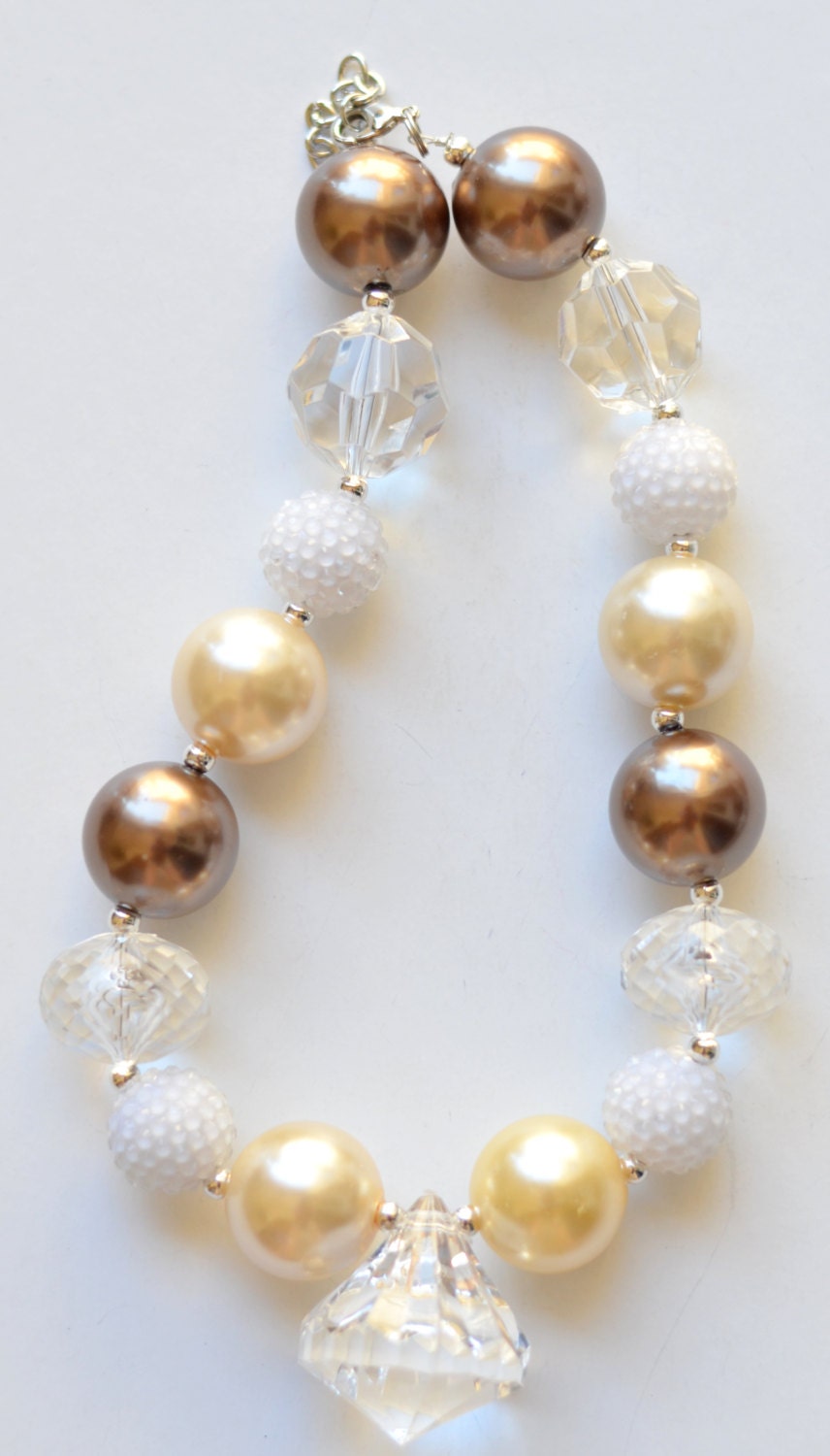 Girls Chunky Necklace Pale Yellow Pewter White with Clear Jewel Center