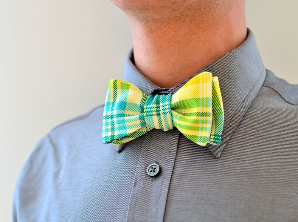 Men's Bow Tie in Green Plaid- freestyle aqua yellow stripes reversible wedding groomsmen bowtie neck self tie