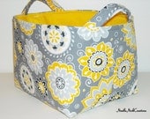 Fabric Basket Organizer Bin -Yellow and White Flowers on Gray- Suzani Collection