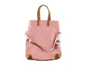 Workhorse bag in coral skinny stripe print fabric with leather handles and base