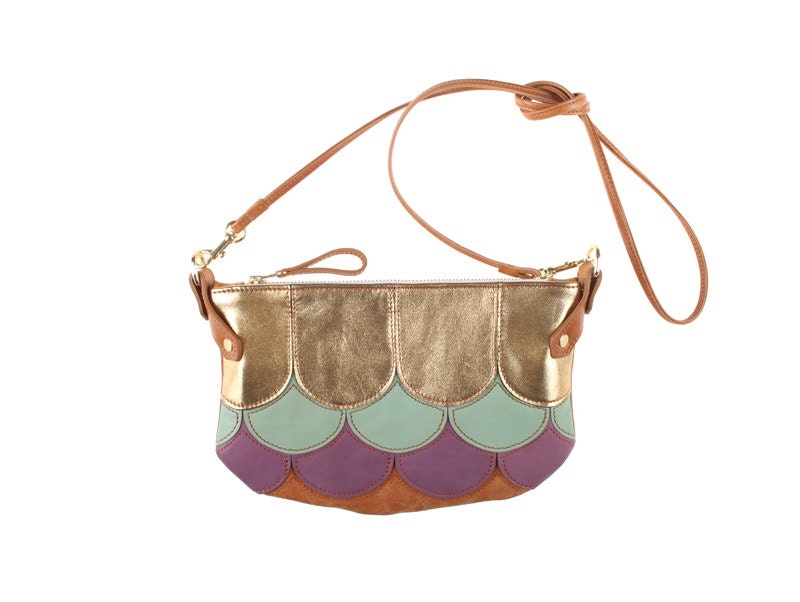 Vicious Fishes Cha Ching bag in tan leather with scales in gold, duck egg and purple
