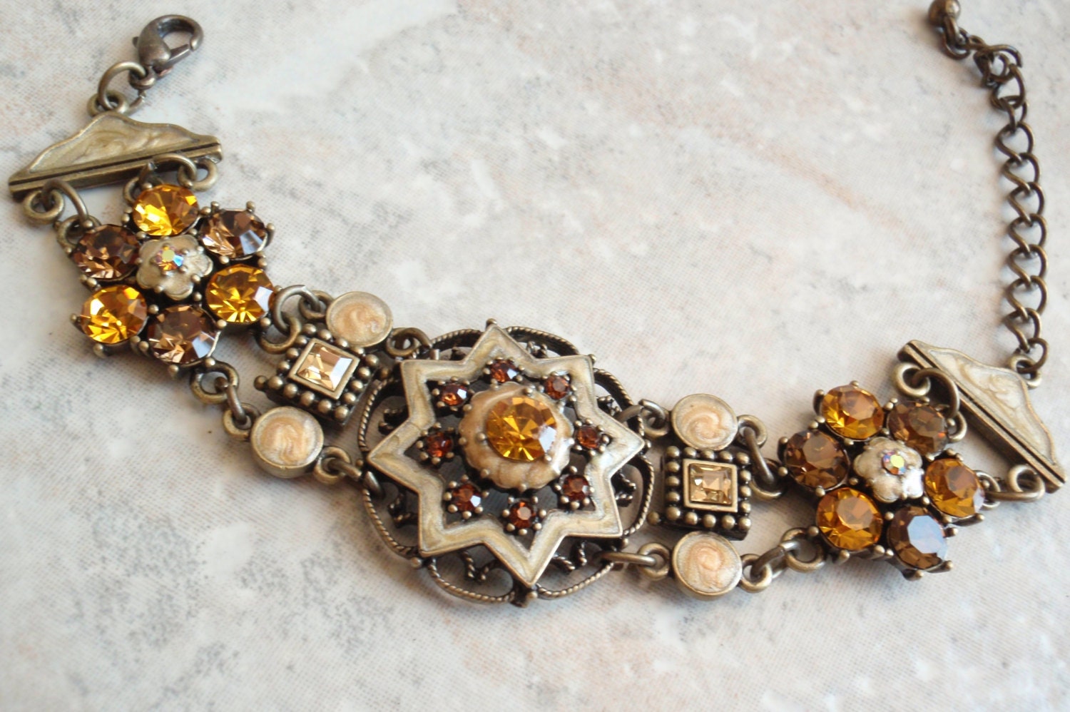 Victorian Bracelet Topaz Amber Gold Rhinestones in Bronze Metal Vintage Estate