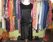 1920s black silk rhinestone flapper dress 20s studded silk draped satin party dress S XS