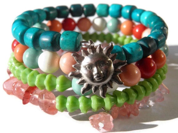 Wrap bracelet boho chic turquoise rose quartz swarovski summer  sunshine gift for her bohemiann