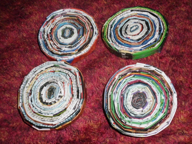 4 Upcycled Recycled Magazine Coiled Coasters OOAK Home decor