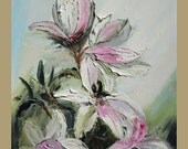 Lilies 18 x 24 Flowers Original Oil Painting Palette Knife White Modern Calm Pink Green Textured ART by Marchella