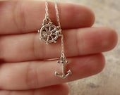 Silver Anchor Lariat Necklace - Sterling Silver Anchor Charm . Sailing Wheel Charm . Sterling Silver Chain Lariat . Nautical . Gifts for Her