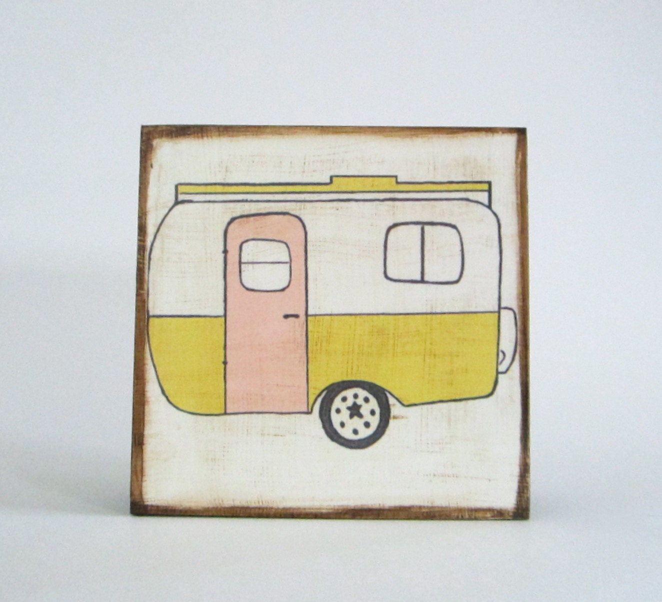 Art Block l Yellow Travel Trailer Modern Traveler  5x5 wood block geometric pattern pastel trailer redtilestudio