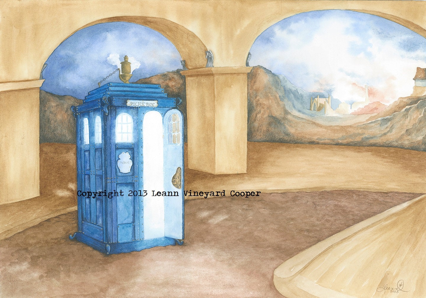 Steampunk blue box watercolor and pencil, print - "Who's Steampunk"