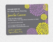 Baby Bridal Shower Invitation Printable Girl Purple and Lemon Yellow and Charcoal Grey Gray Floral Modern, DIY Digital File