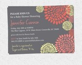 Baby Bridal Shower Invitation Printable Girl Coral Salmon and Pale Yellow and Charcoal Grey Gray Floral Modern, DIY Digital File