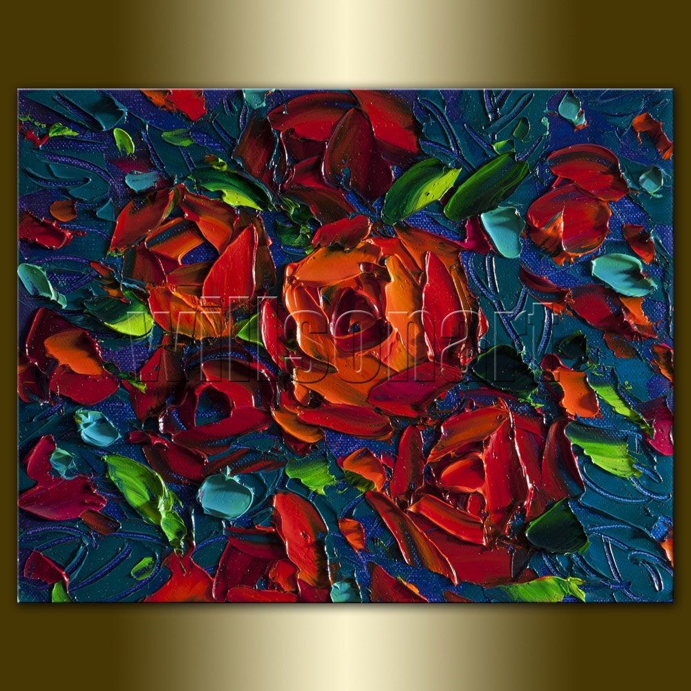 Red Rose Roses Floral Original Painting Textured Palette Knife Oil on Canvas Contemporary Modern Art 8X10 by Willson Lau