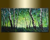 Original Birch Forest Landscape Tree Painting Textured Palette Knife Oil on Canvas Contemporary Modern Art Seasons 18X36 by Willson Lau