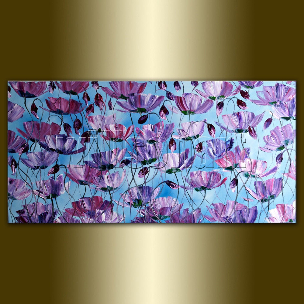 Poppies Floral Canvas Modern Flower Oil Painting Textured Palette Knife Original Art Poppy 24X48 by Willson Lau