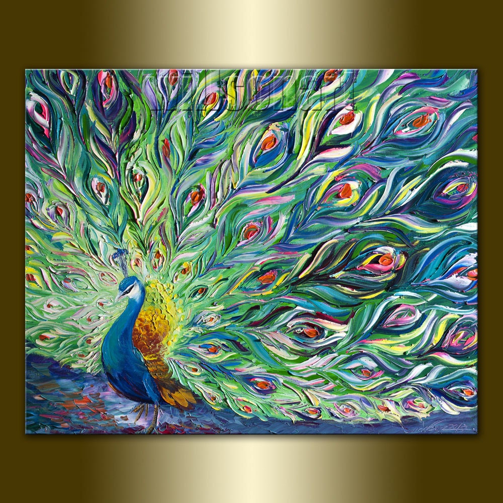 Original Peacock Oil Painting Textured Palette Knife Contemporary Modern Animal Art 24X30 by Willson Lau