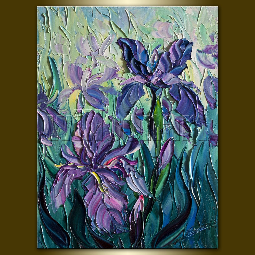 Modern Flower Iris Painting Oil on Canvas Textured Palette Knife Contemporary Floral Original Art Irises 12X16 by Willson Lau