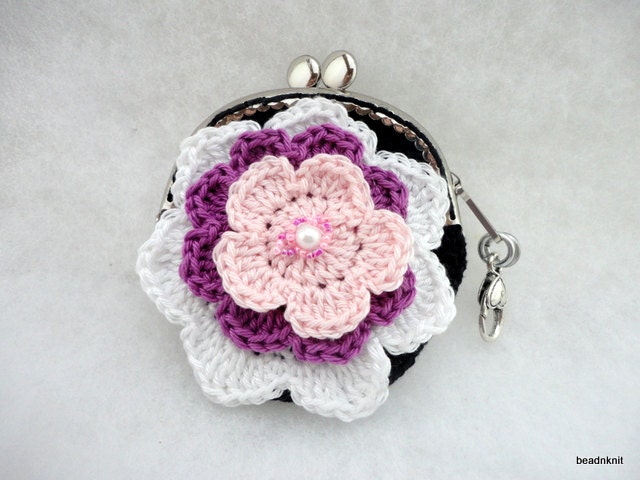 Pink Floral Crochet Coin Purse