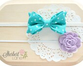 Newborn Headband Set - Teal Polka Dot Fabric Bow Headband - Lavender Felt Flower Headband