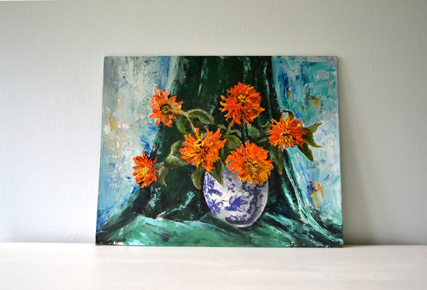 Original Vintage Painting, Orange Flowers in Delft Vase, Turquoise, Aqua Blue, 1960s Impressionist Art, Mid Century 16" x 20"