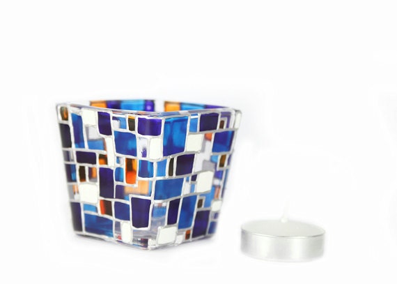 Hand Painted Glass  Candle Holder Tea light   hand painted candle holder  White  cobalt  blue  orange contemporary geometric  design
