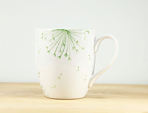 Hand Painted Ceramic Coffee Mug Tea Cup Green Dandelion Botanical Design Minimalist White  Modern Kitchen Decor Decorative Art