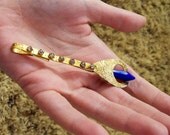 Deco Diva - Large Antique 1920s Floral Torch Pin with Crystal Glass Rhinestones and Cobalt Blue Faceted Finial