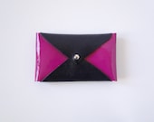 Leather Business Card Case or Wallet - Navy Blue and Patent Purple Colorblock