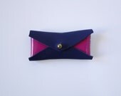 Leather Mini Business Card Case - Navy and Patent Purple Color Block