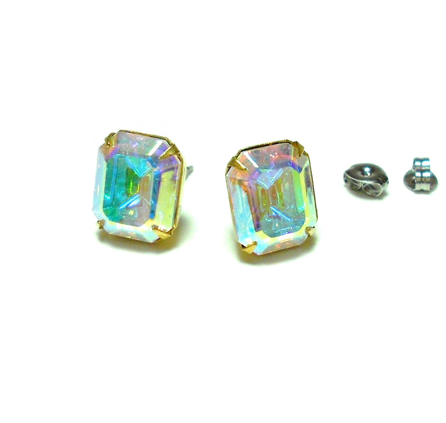 Aurora Borealis Studs - Aurora Borealis Earrings - Octagon Rhinestone Studs - Swarovski Aurora Borealis Crystals - Art Deco Earrings