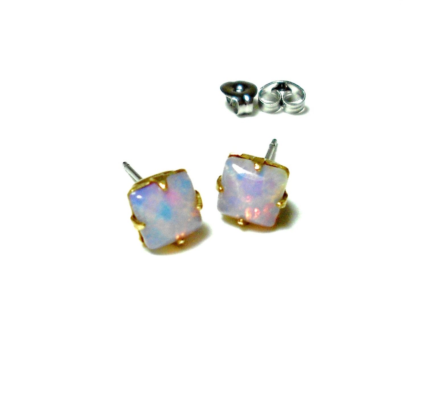 Vintage Harlequin Fire Opal Glass Earring Studs - Estate Jewelry - Harlequin Studs