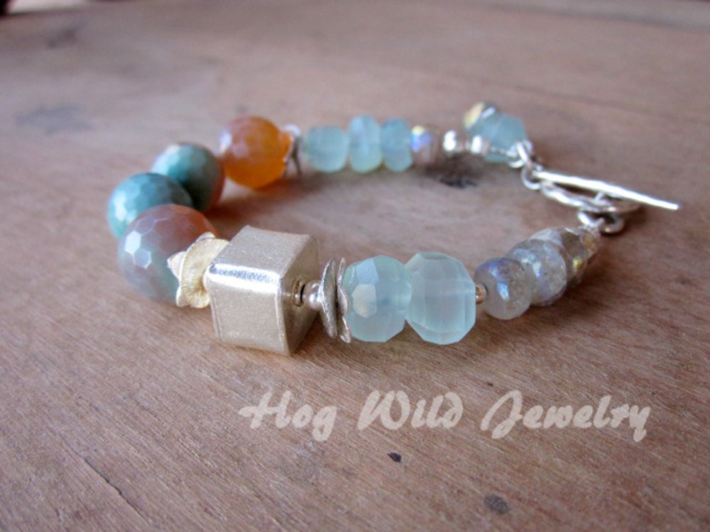 Peruvian Aqua Chalcedony Peach Mint Agate Sunstone Silver Bracelet