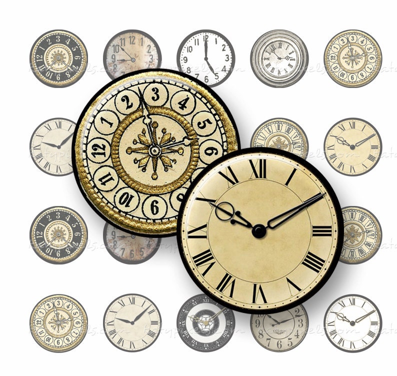 Vintage Clock Faces 1 inch Circles Digital Collage Sheet - Buy 3 Get 1 Free