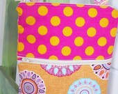 Small Hip Sling Crossbody Shoulder Messenger Bag  --- Orange Pink Turquoise Medallions w/Polka Dots - Adjustable Strap and Exterior Pocket