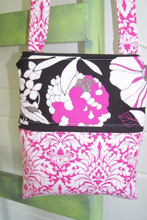 Small Sling Hip Crossbody Shoulder Messenger Bag -- Pink/White Damask and Pink/Black/White Flower - Adjustable Strap and Exterior Pocket