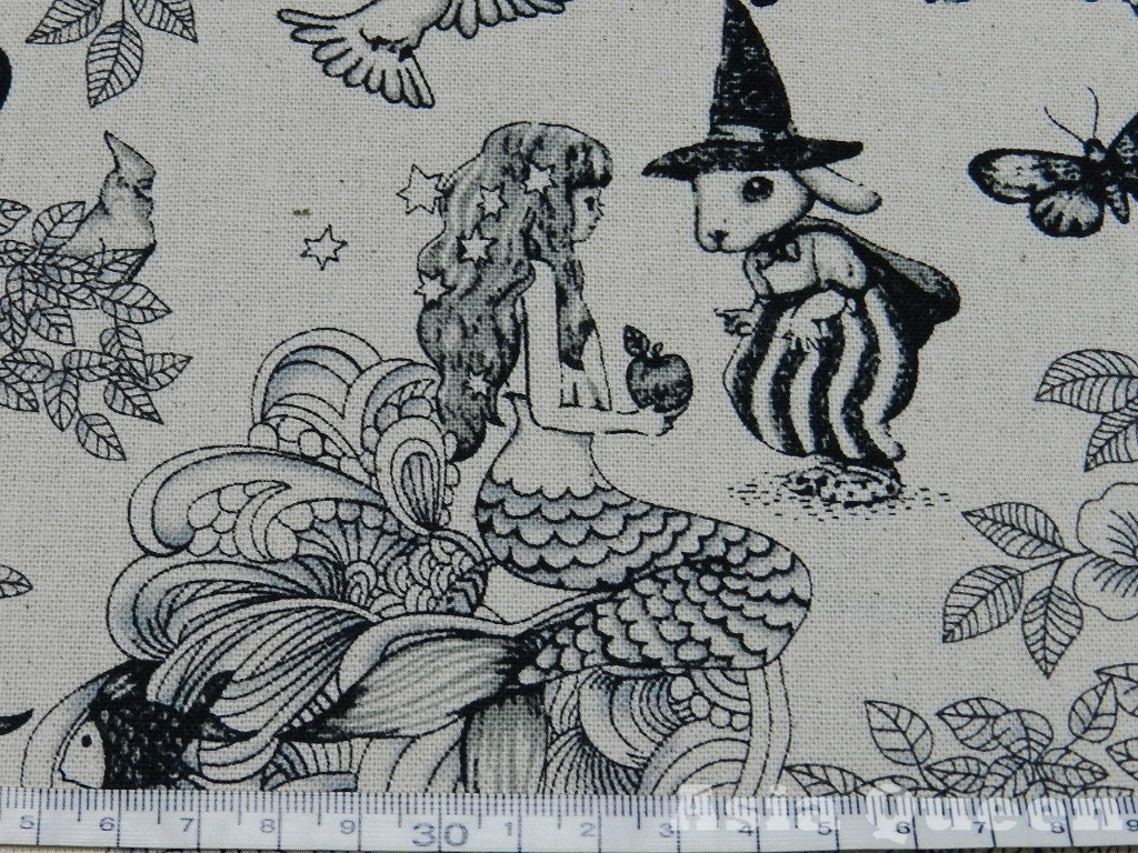 Magic cat and mermaid  - Mermaid and cat - beige - half yard - cotton linen - 3 colors to choose