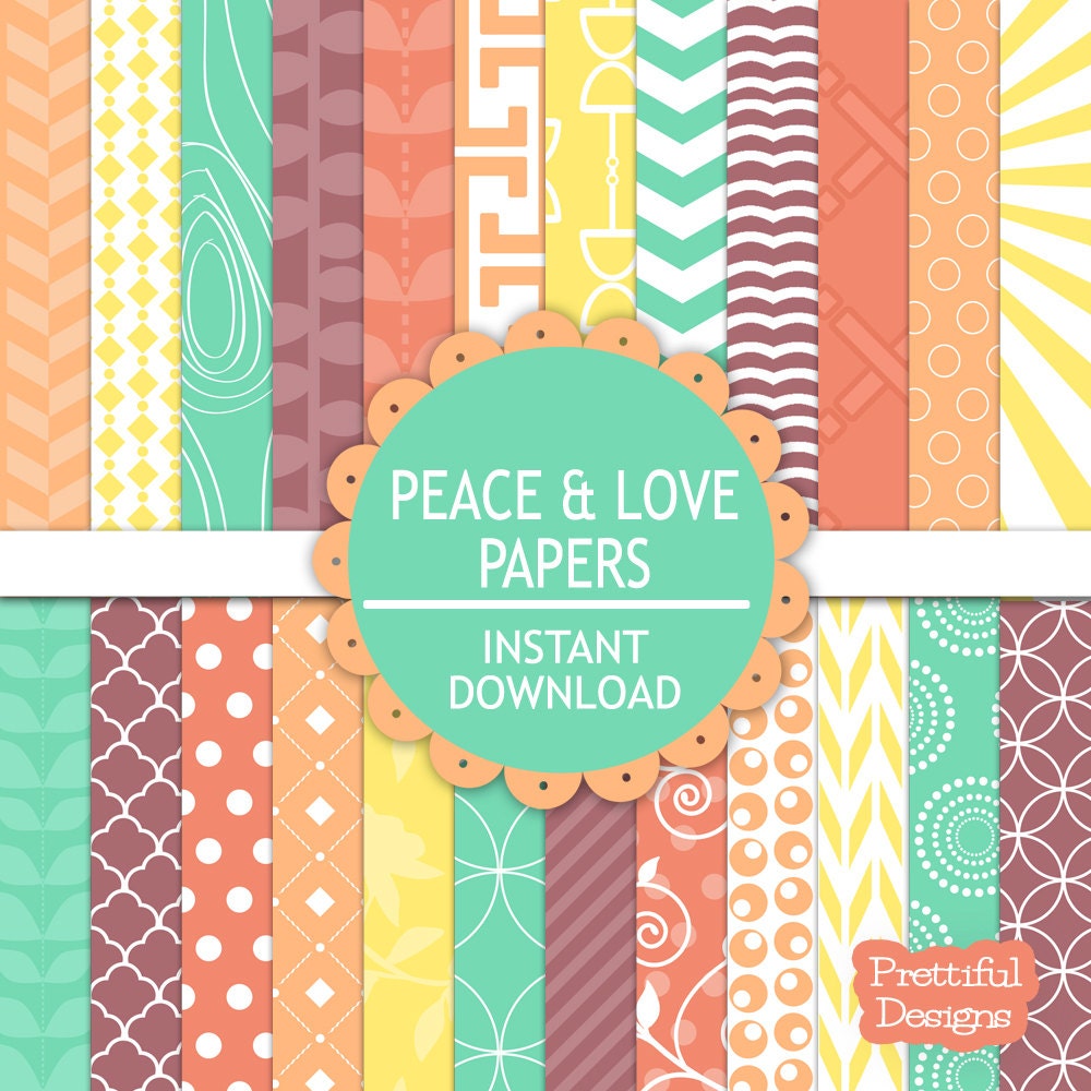 50% OFF SALE Digital Paper Pack Turquoise Purple Coral Orange Yellow Personal and Commercial Use - Peace And Love (595) Il_570xn