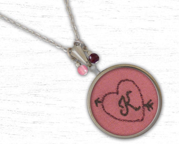 Hand Embroidered Necklace - Design your own Custom Heart & Arrow Valentines Design Necklace Pendant With Chain - Kona Cotton Colors