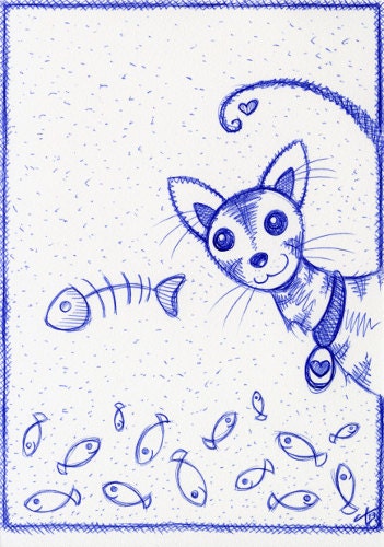 Original Drawing Miau Goes Fishing
