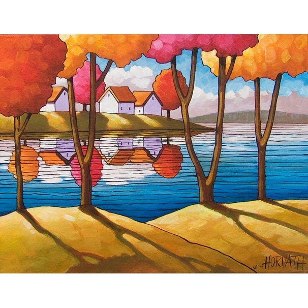 PAINTING ORIGINAL Folk Art Autumn Tree Colors Reflection Cottages Abstract Modern Fall River Reflection Landscape Fine Artwork Horvath 14x18