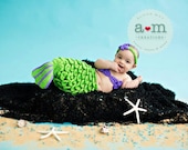 Newborn Crochet Mermaid Tail - Bright Green With Purple Accent - Made To Order - Photography Prop