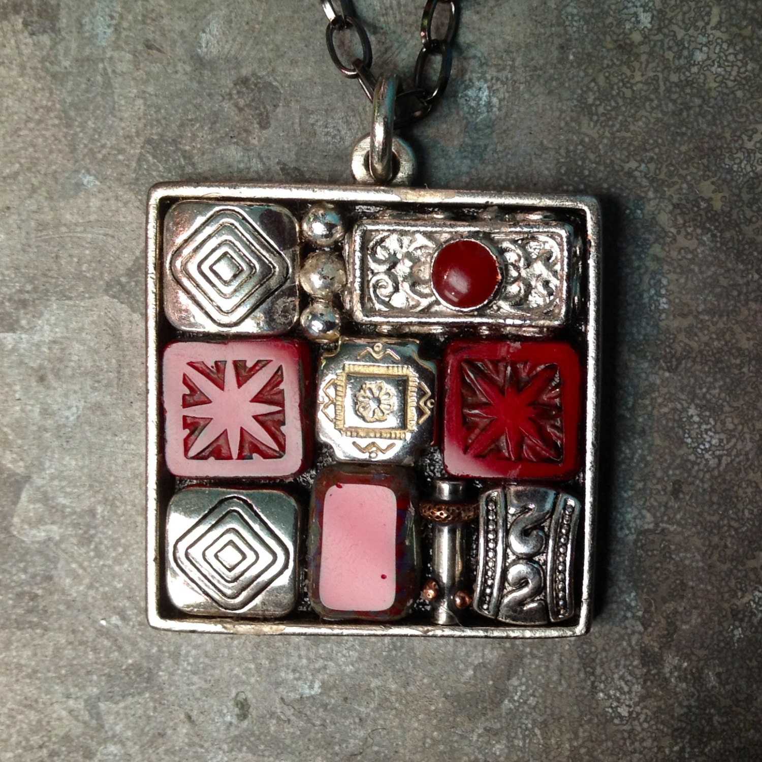 Unique Red Bohemian Glass Mosaic Square Necklace Pendant