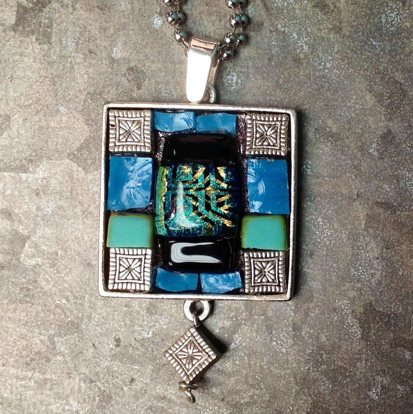 Gypsy Pendant, Mosaic Necklace, Blue Square