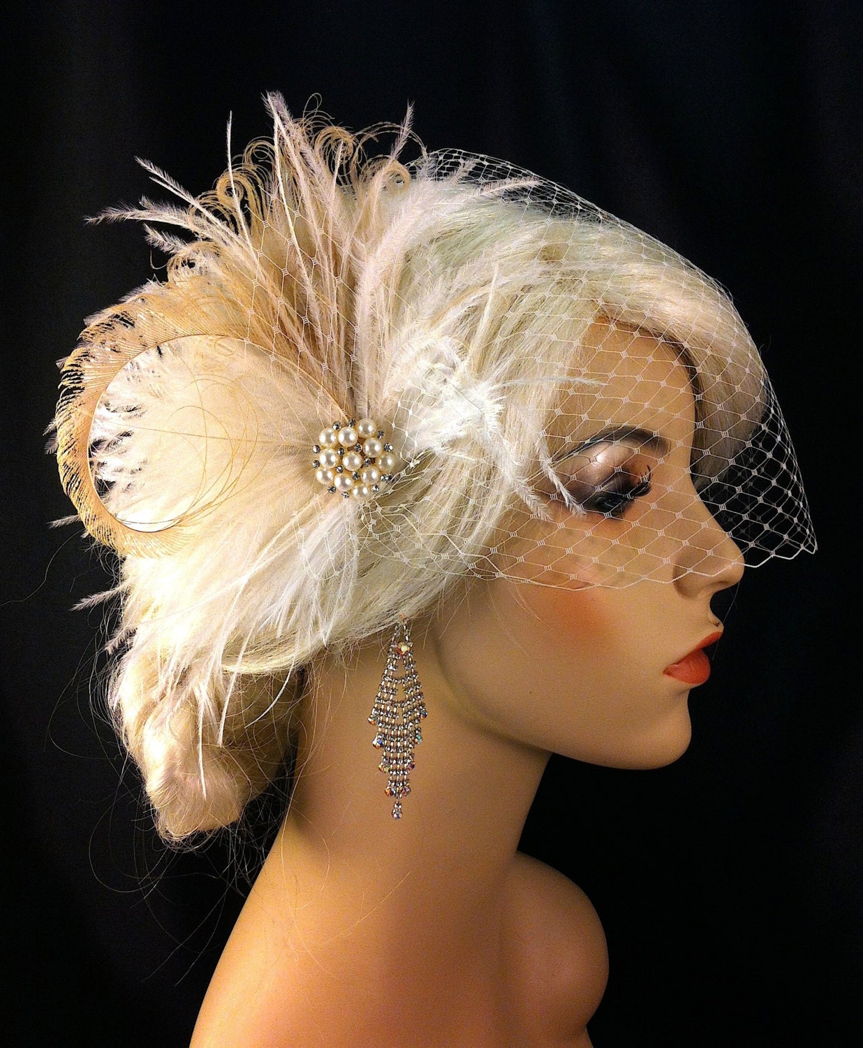 New Rock On  - Bridal Feather Fascinator, Bridal Headpiece, Wedding Veil, Wedding Fascinator, Feather Fascinator, Ivory, Pearls