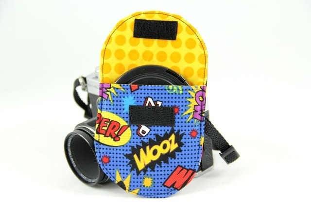 Lens Cap Pocket for DSLR Camera Strap - 77mm - Superhero Words - Ready to Ship