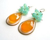 Orange Aqua Hoops, Mint Orange Cluster Earrings, Hammered Gold Hoops, Aqua Cluster Hoop Earrings, Boho Cluster Hoops