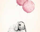 Baby Girl Nursery Print 8x10, Rose Pink Shabby Chic Nursery Decor, Watercolour Illustration of Bunny Rabbit and Balloons