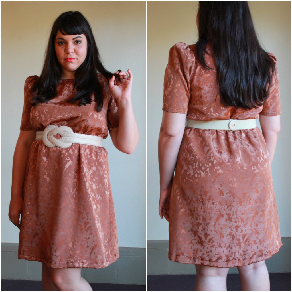 Vintage 70s Dress  /  Bronze Metallic Iridescent Splash Puff Sleeve Sheath Dress  /  Medium M Large L