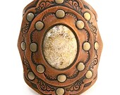 Boho Tooled Leather Cuff Fossilized Coral in Antiqued Tan Brown Leather Antique Brass Hardware