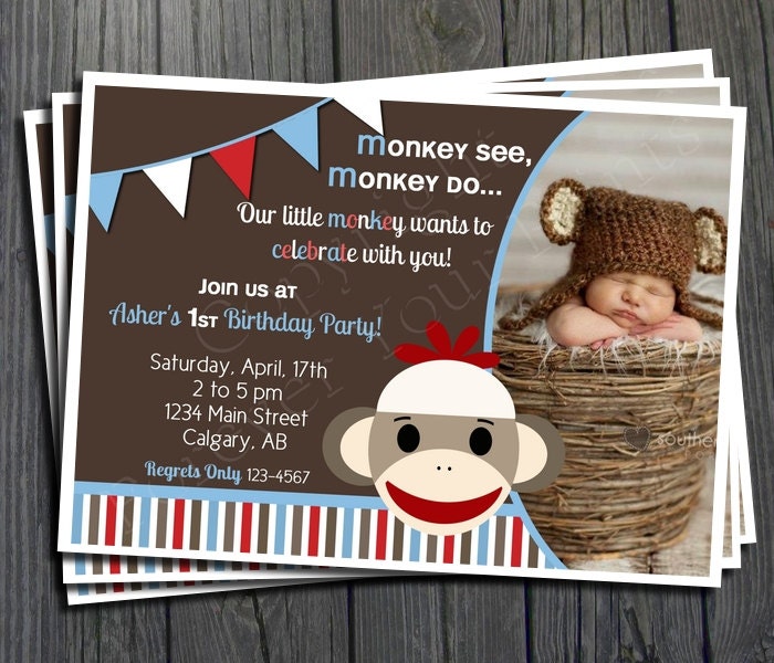 Sock Monkey Birthday Invitation - Includes FREE Thank You Card Il_570xn