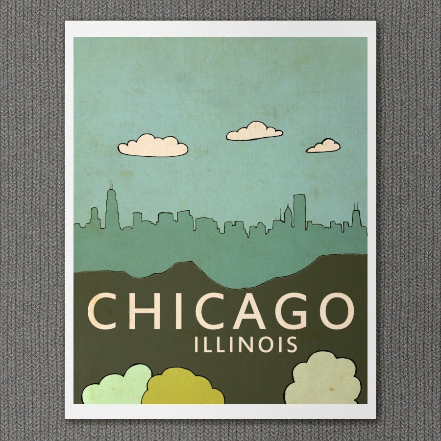 Chicago Illinois 8x10 / Modern Baby Nursery Decor, Typography Poster, City Skyline, Giclee, Illustration, American Travel Theme, Digital